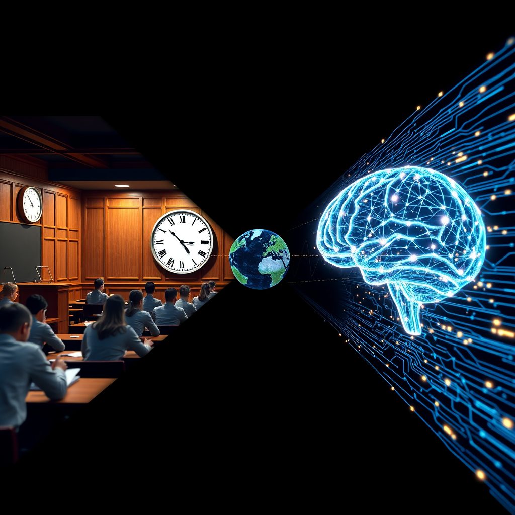 A traditional lecture hall with a large clock on one side, a globe at the center, and a glowing network brain on the other