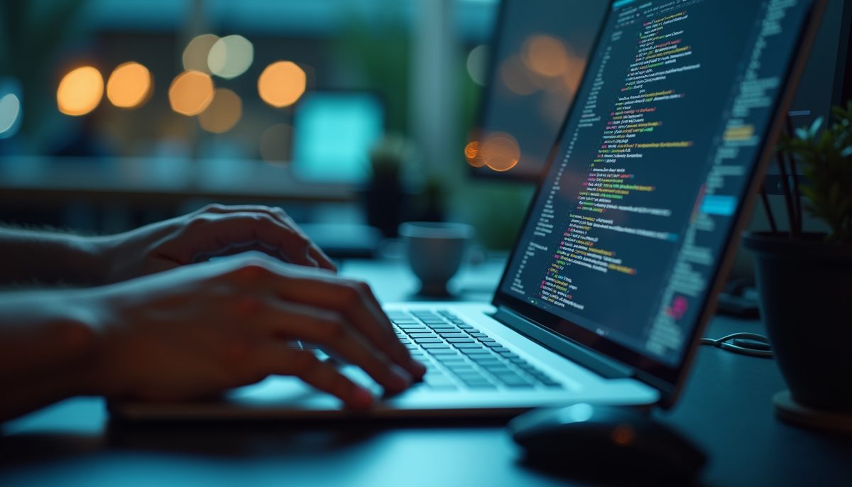 Hands typing on a laptop showing lines of code